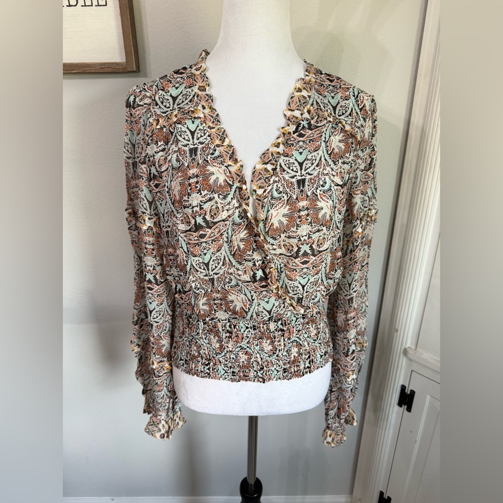 Anthropologie Flounce Printed Ruffle Blouse V Neck Long Sleeve Smocked Top